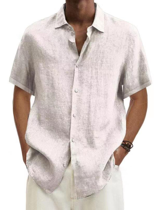 Men's Woven Cotton Linen Casual Short Sleeve Shirt