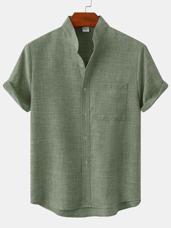 Men's Solid Color Mandarin Collar Linen Button-Up Shirt