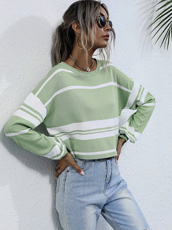 women's short knitted bottoming striped green sweater
