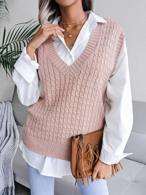 Women's V-neck Twist Casual Loose Knit Sweater Vest