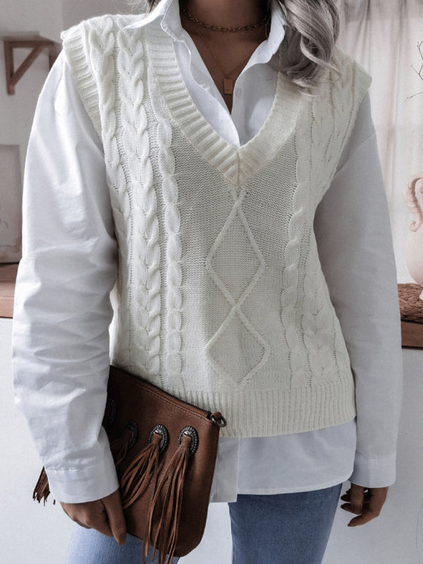 Women's V-neck Twist Casual Loose Knit Vest Sweater