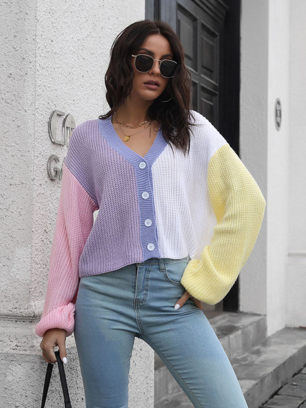Women's Colorblock Knit Cardigan Contrast Sweater