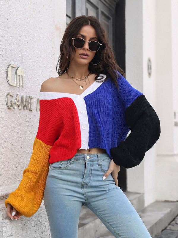 Women's Colorblock Knit Cardigan Contrast Sweater