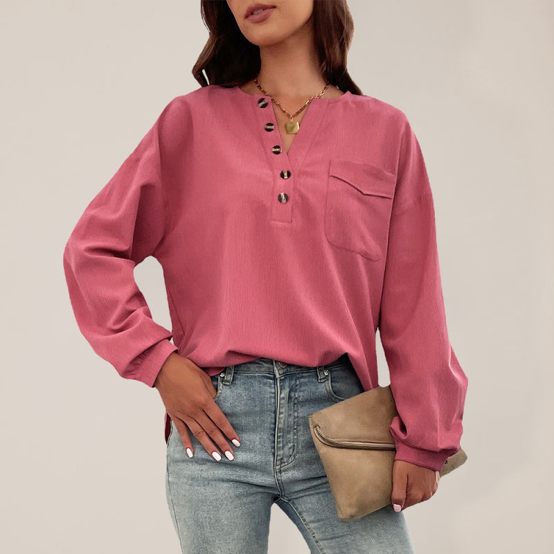 Women's Solid Color Button-up Crew Neck Henley Long Sleeve Top
