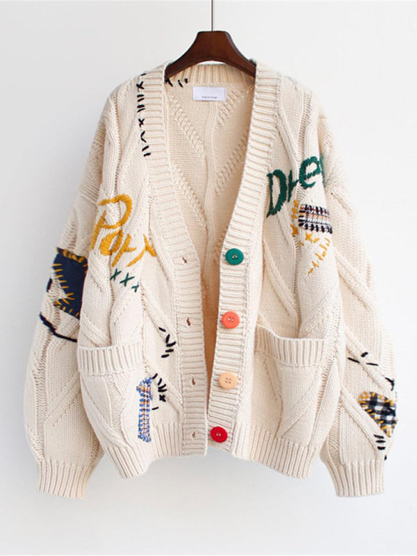 Cute Embroidered Loose Cropped Knit Cardigan with Patch Pockets