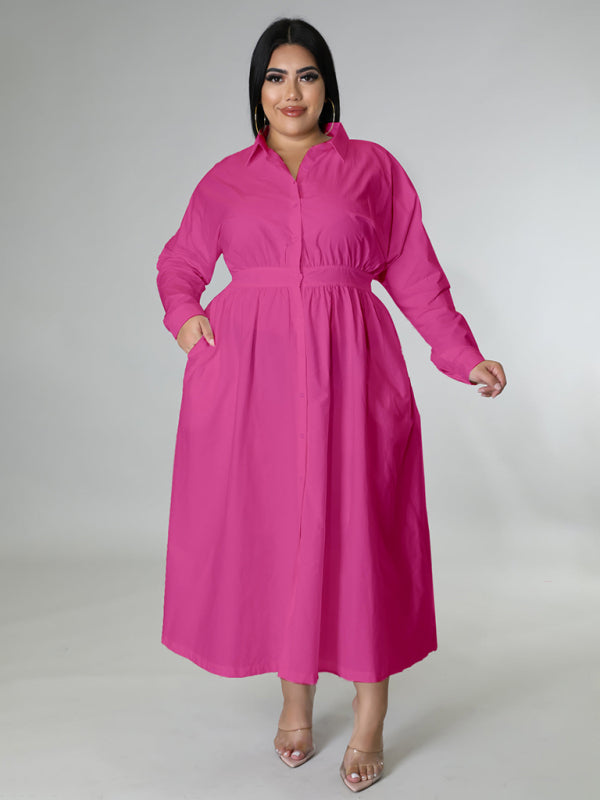 Plus Size Women's Solid Color Long-Sleeved Shirt Dress