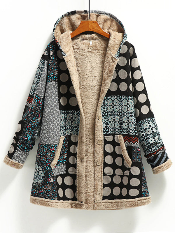 Cotton and Linen Printed Hooded Sweater Warm Plush Jacket