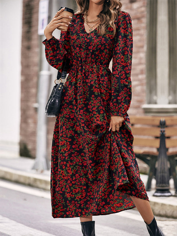 Women's Autumn Winter Long Sleeve Printed Midi Dress