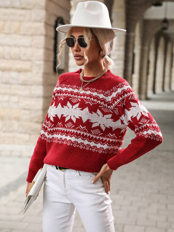 Women's Round Neck Red Knitted Christmas Snowflake Sweater