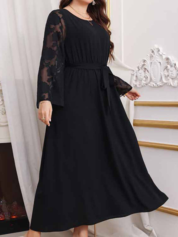 Plus Size High Waist Black Polka Dot Patchwork Dress
