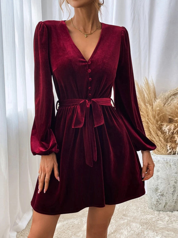 V-neck Waist A-line Skirt Long-Sleeved Velvet Sexy Banquet Dress