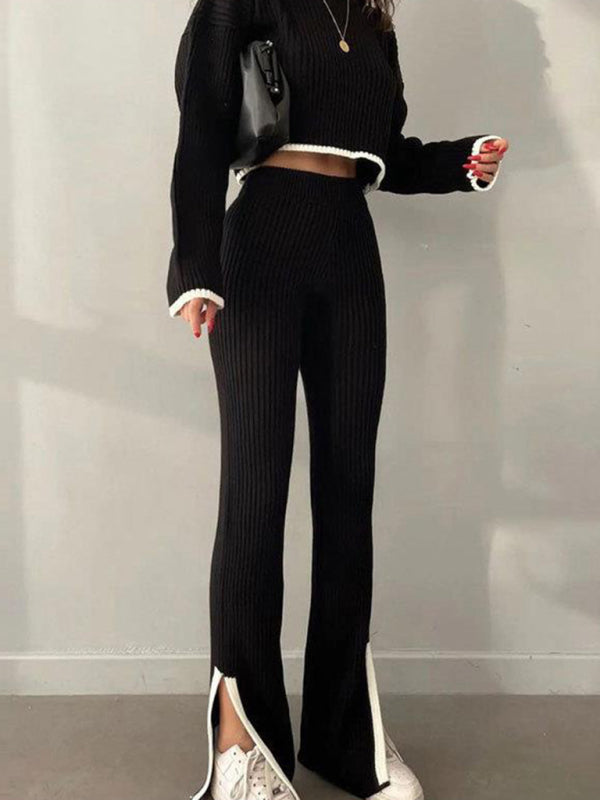 Autumn and Winter Contrasting Color Sweater Slit Elastic Waist Wide-Leg Two-Piece Set