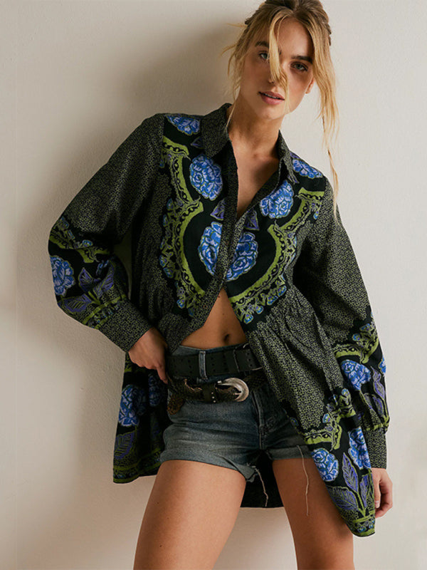 Printed Lapel Long-Sleeved Loose-Fitting Blouse