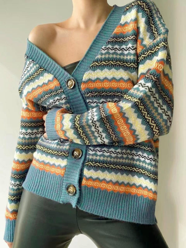 Contrast Color Knitted Sweater Cardigan Jacket Sweater
