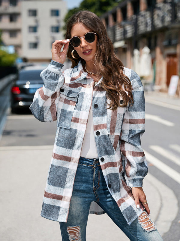 Women's Autumn and Winter Street Plaid Lapel Long Woolen Jacket