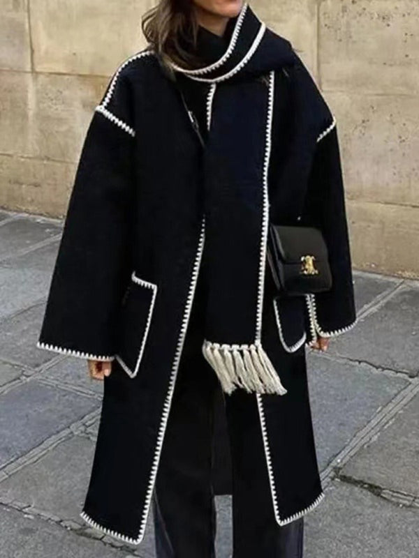 Women's Double-Sided Woolen Long-Sleeved Scarf Tassel Longline Jacket