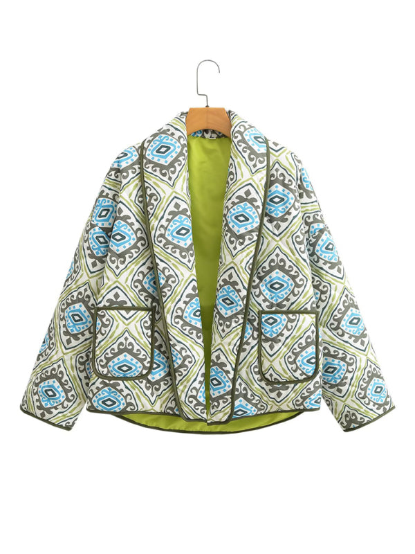 Loose French V-neck Long-Sleeved Printed Quilted Jacket