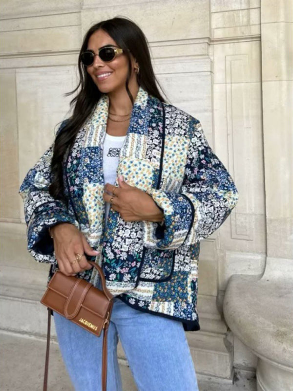 Loose French V-neck Long-Sleeved Printed Quilted Jacket