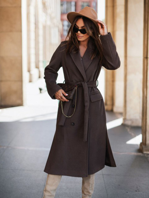 Women's Simple Long-Sleeved Solid Color Tie Longline Jacket