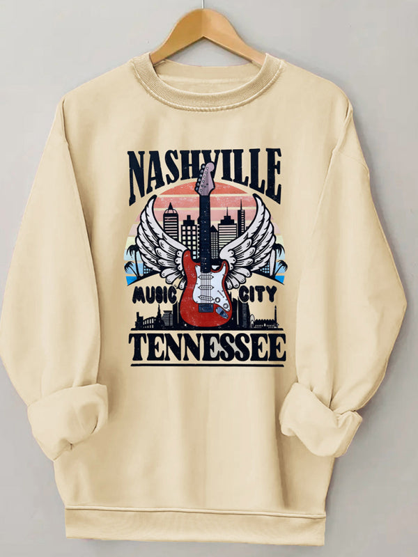 Nashville Round Neck Casual Guitar Pattern Sweatshirt