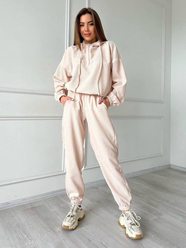 Long Sleeve Hooded Zipper Women's Loungewear Two Piece Set