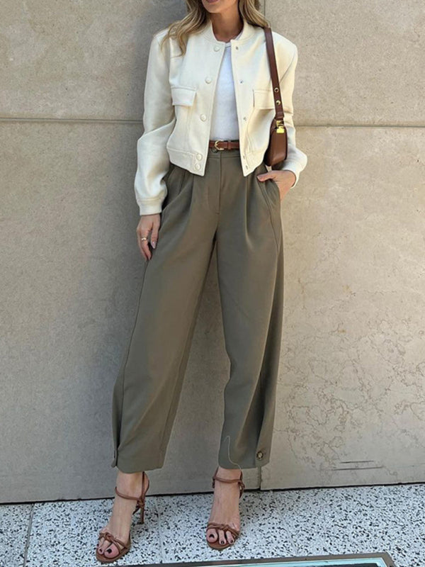 Women's Fashionable Solid Color Loose High Waist Nine-Point Suit Pants