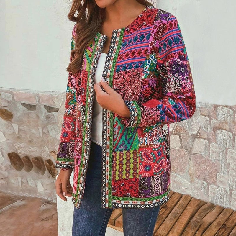 Casual Retro Cotton and Linen Printed Loose Long-Sleeved Cardigan Jacket