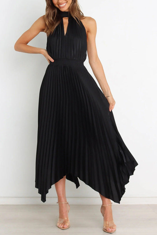 Folded Solid Color Sleeveless Halterneck V-neck Irregular Skirt Dress