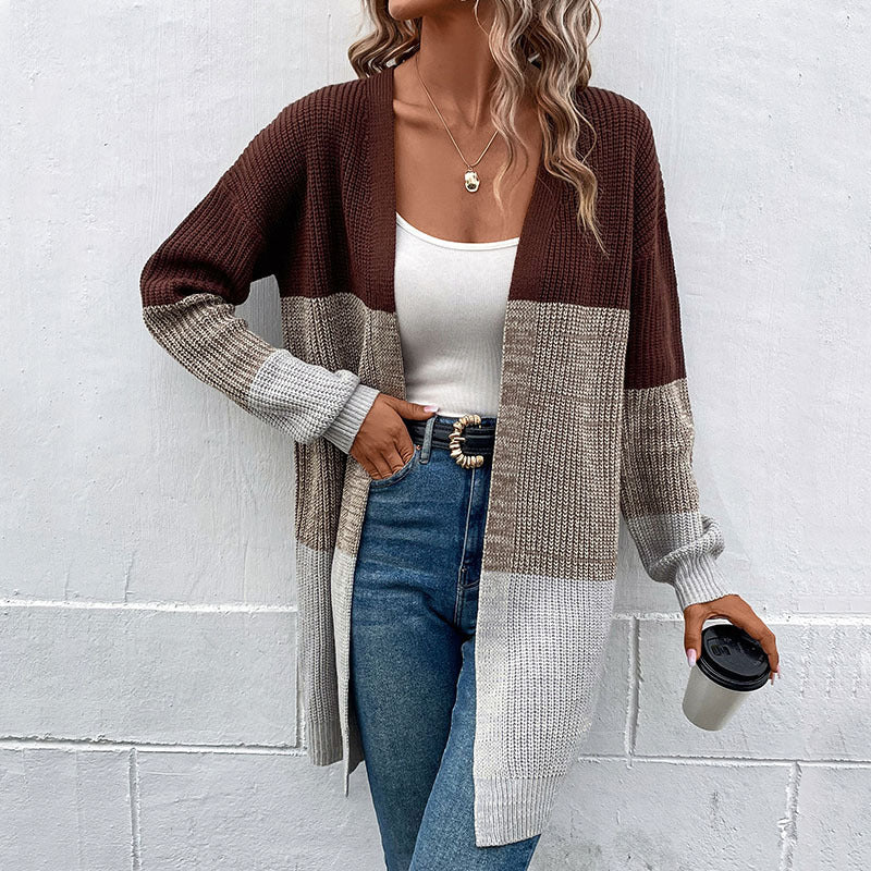 Autumn and Winter Long-sleeved Color-blocking Sweater Cardigan