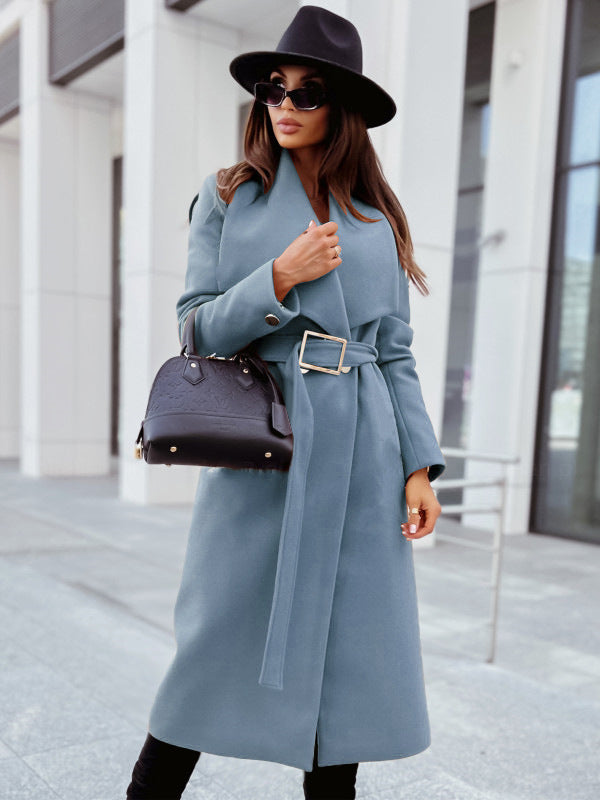Women's Long-Sleeved Buttoned V-neck Woolen Coat