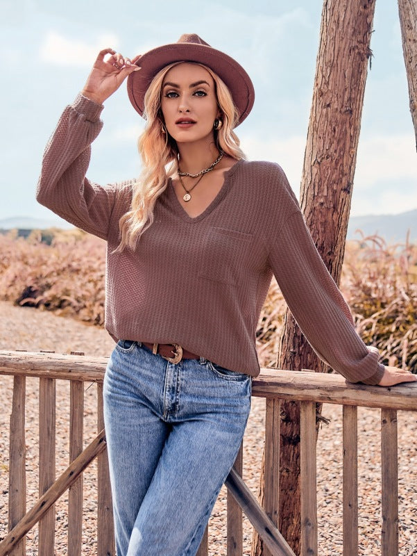 V Neck Casual Slim Long Sleeve Top with Pockets